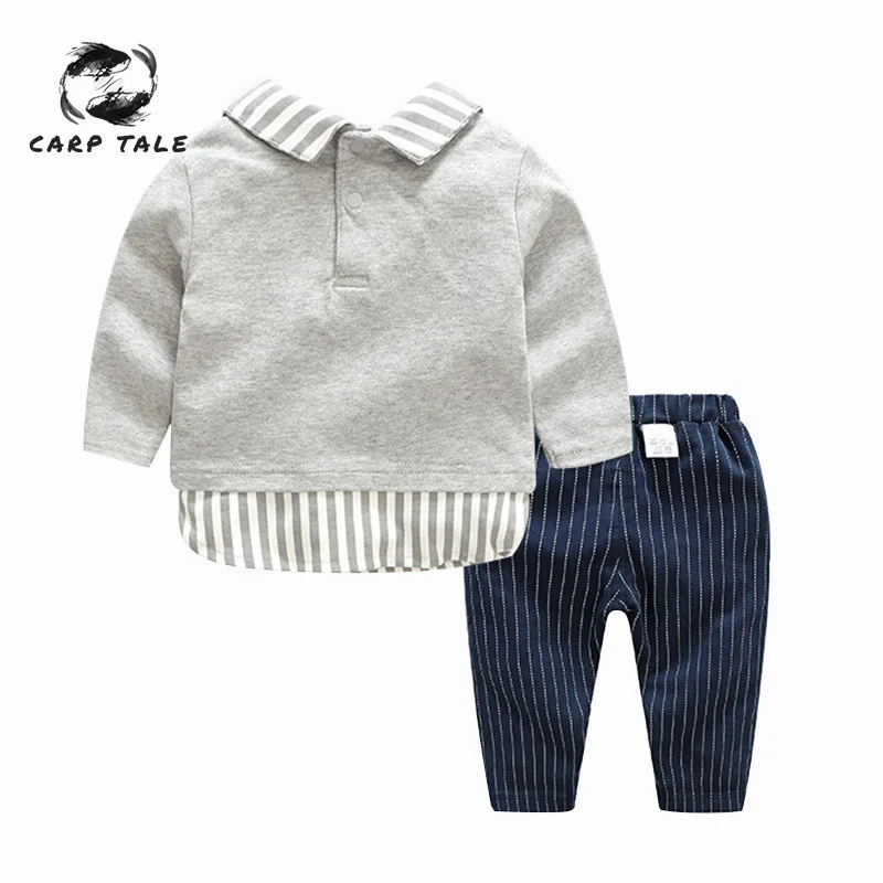 

Male baby boy autumn winter baby newborn baby boy striped lapel long sleeve clothes + pants suit gentleman children's clothing