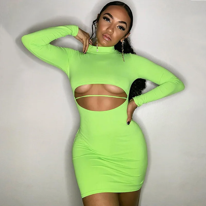 

Long Sleeve Women fluorescence Color Mini Dress Sexy Hollow Out Turtleneck Slim Female Dress