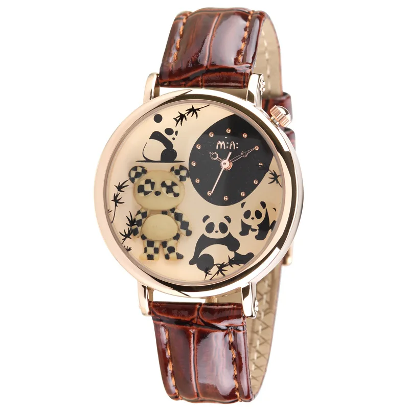 Люксовый бренд женские часы водонепроницаемый кожаный браслет Женские кварцевые наручные часы 3D часы с пандой Часы Relogio Feminino - Цвет: Кофе