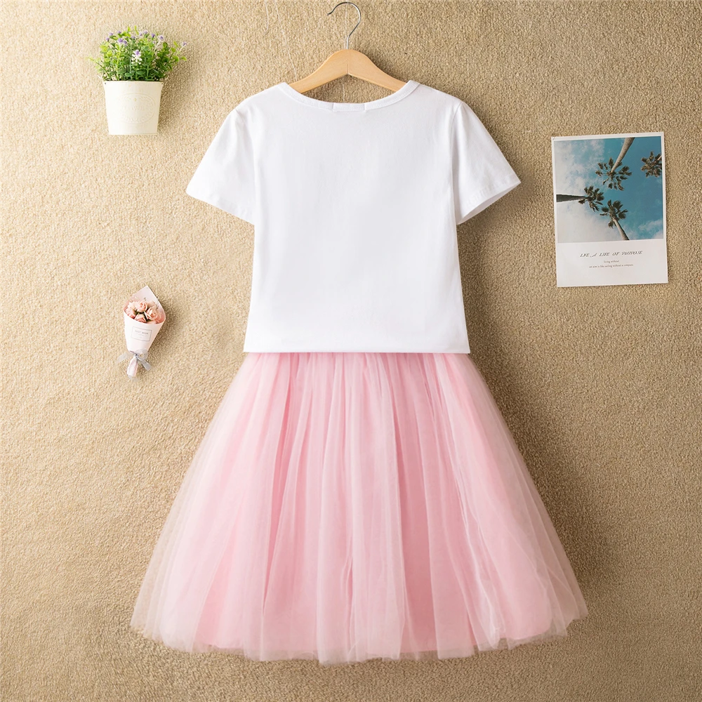 Casual Teenage Girls Clothing Summer New Children Sets Short Sleeve Tshirt Princess Tule Skirt Kids Suit For Girls Outfits 2 Pcs (3)