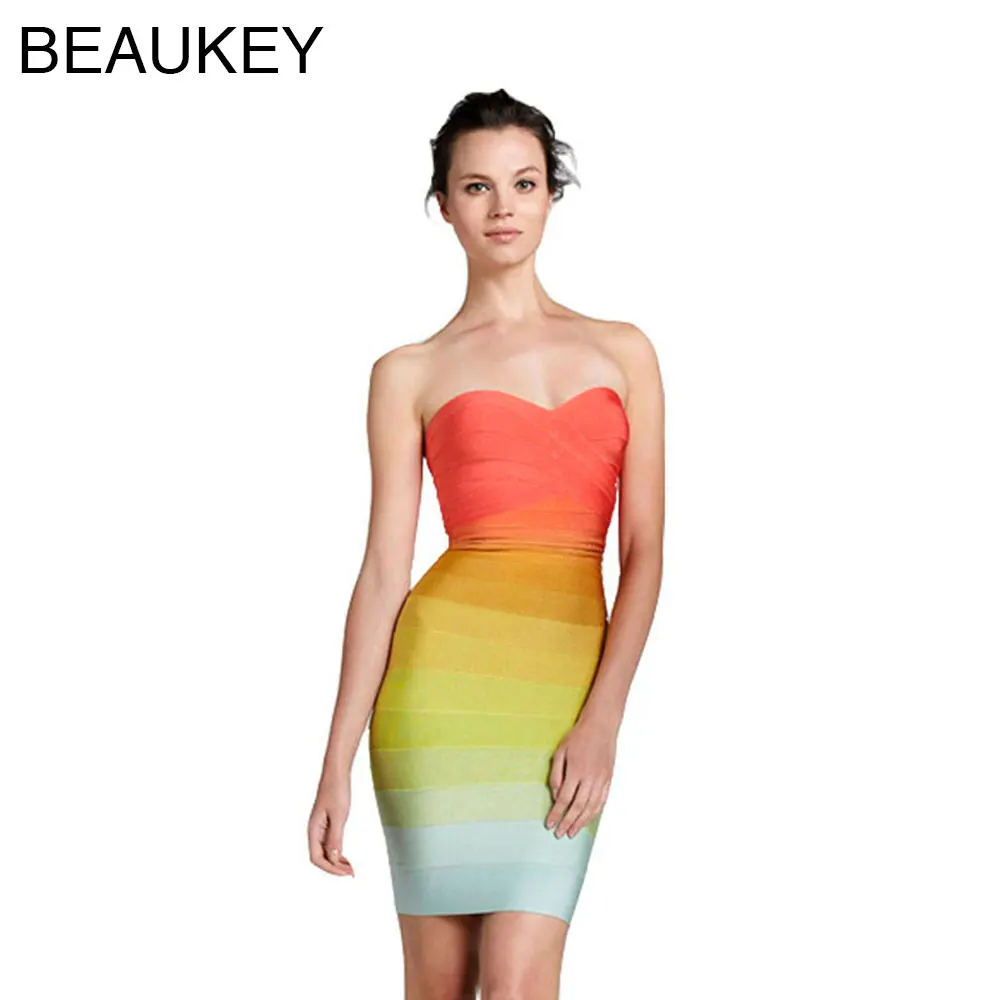 

Strapless 2016 Sexy Women Rayon Rainbow Colorful Mini Bodycon Bandage Dress