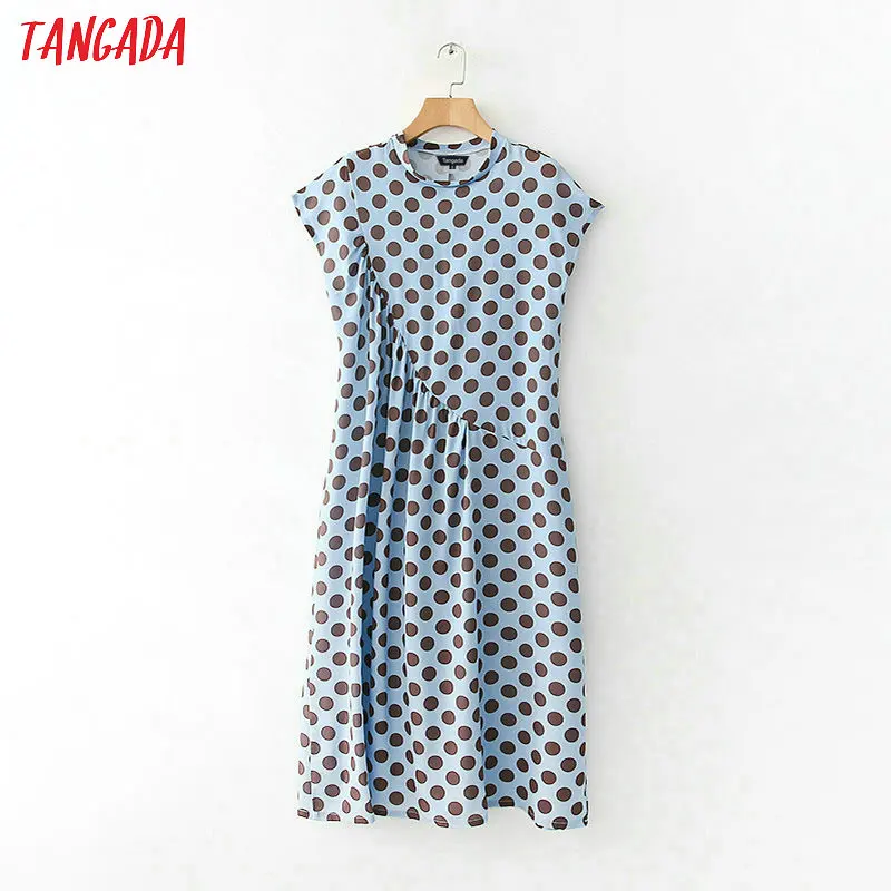 

Tangada fashion Women sundress blue polka dot Dress ruffles Sleevess Ladies Long Maxi Dresses summer High Street Vestido XD208