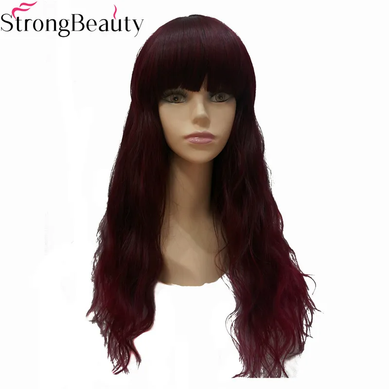 Сильный Красота Синтетические длинные волнистые красные Искусственные парики Полный монолитным жаропрочных парик с Синтетические чёлки
