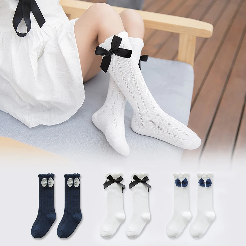 

3 pairs/lot girl socks soft cotton kids socks lovely knee bow-knot socks white for girls kids children spring 2019-C028