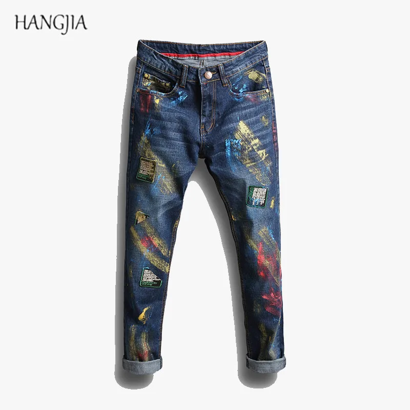 

2018 Men's Personalized Inkjet Jeans Fashion Straight Men Hip-Hop Jogger Jeans Europe the United States Youth Washed Trousers