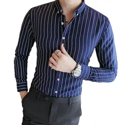 2018 корейская мода Рубашка в полоску Для мужчин с длинным рукавом осень весна Camisa Homme Стенд воротник Бизнес сорочка Slim Fit Футболка