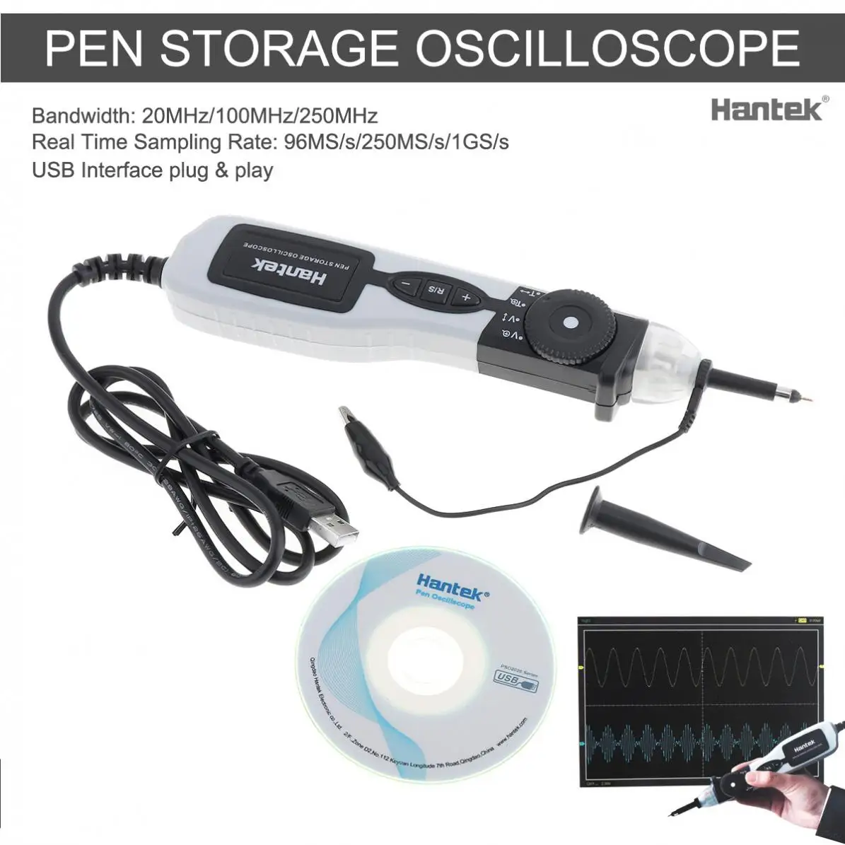 

Hantek USB Pen Type Storage Digital Oscilloscope with LED Flashlight Function and 20MHz Bandwidth for Electronic Measurement