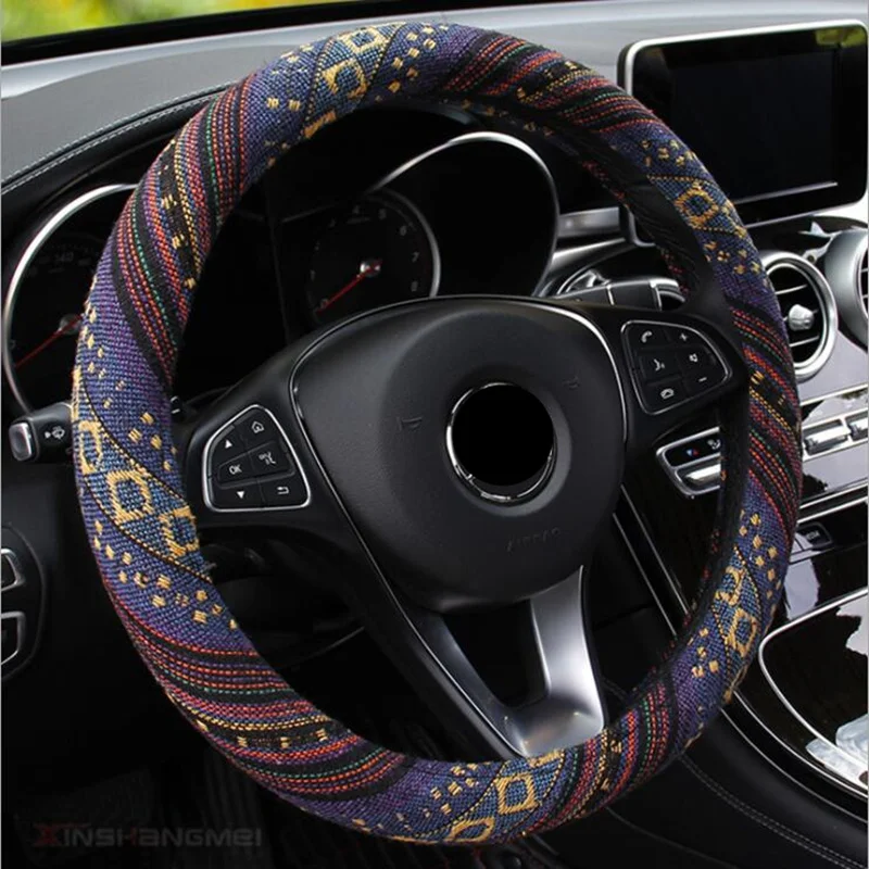 

38cm Universal Car Steering Wheel Cover Universal Fit Most Cars New Blanket Auto steering braid Ethnic Style Coarse Flax Cloth