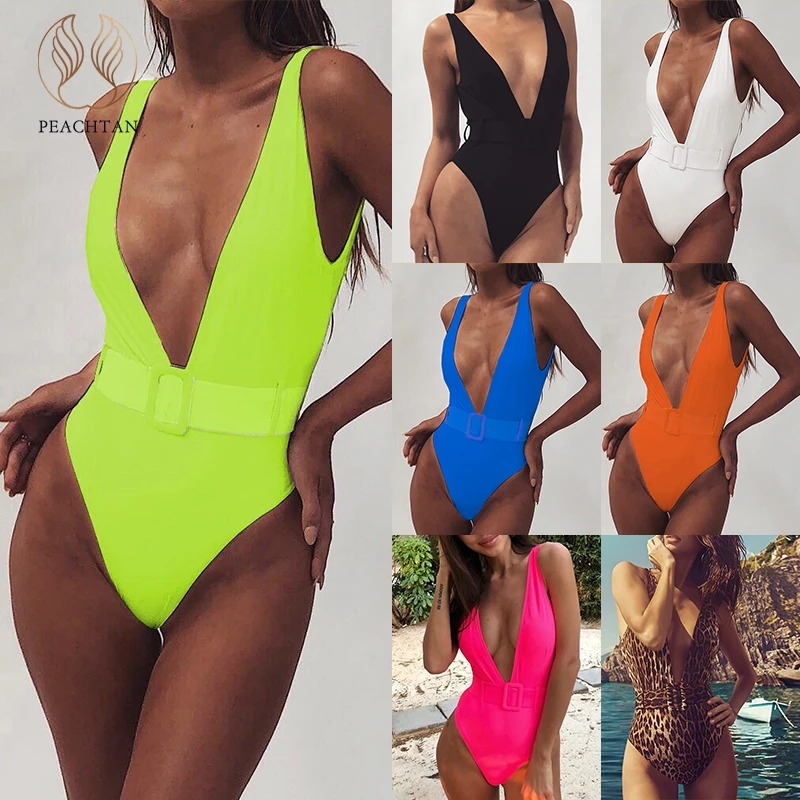 

Peachtan Deep v-neck swimsuit one piece Sexy buckle neon bikini 2019 Push up swimwear women bathing suit Monokini beachwear new