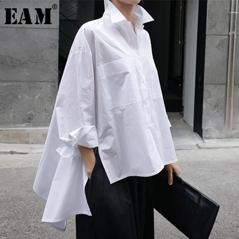 [EAM] 2019 новая весенне-летняя рубашка с отворотами и длинными рукавами, белая спина, длинная свободная, большой размер, нестандартная рубашка