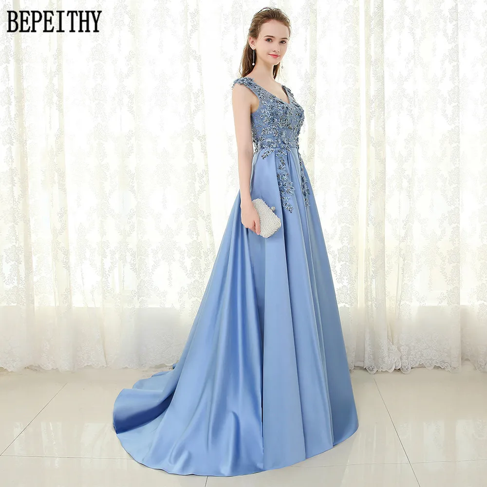 7    BEPEITHY Vestido De Festa Elegant A-Line Satin V-Neck Beads Appliques Evening Dress Party Long Prom Gown 2017 (6)