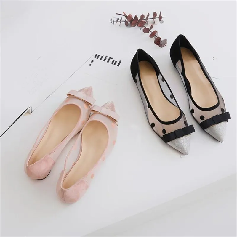 New 2019 Sexy Bow Pointed Toe Women Lace Flats Fashion Breathable Women Flat Summer Shoes Polka Dot Ladies Casual Ballet Flats (9)
