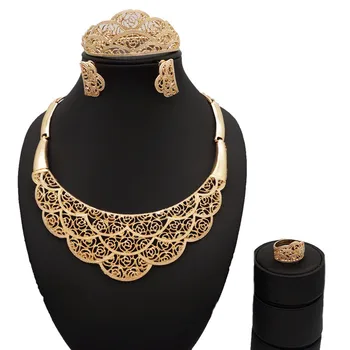 

Sexemara new fashion elegant hollow jewelry set queen bangle Dubai gold necklace earrings ring set for women&female