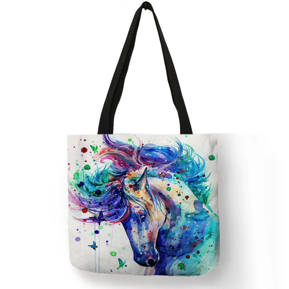 Watercolor Horse Print Linen Shopping Bag Tote Folding Reusable Traveling School Shoulder Bags Casual Handbags For Women 2021