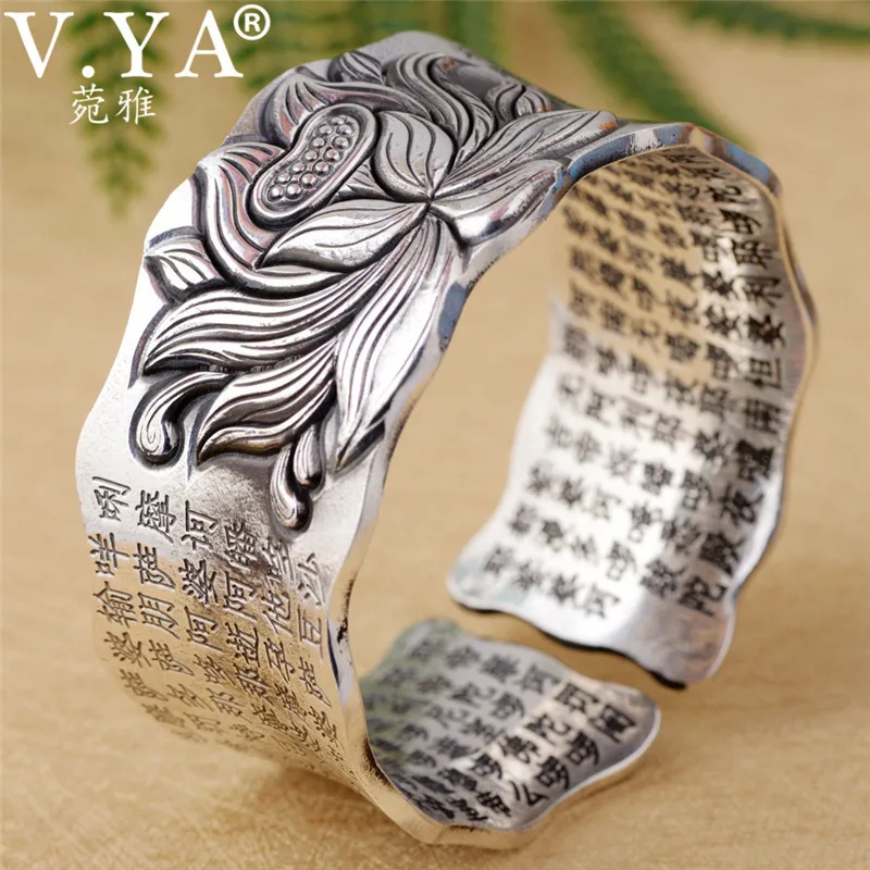 V. YA цельный 925 пробы Серебряный браслет для женщин буддизм заговоры большой милости и цветок лотоса браслеты