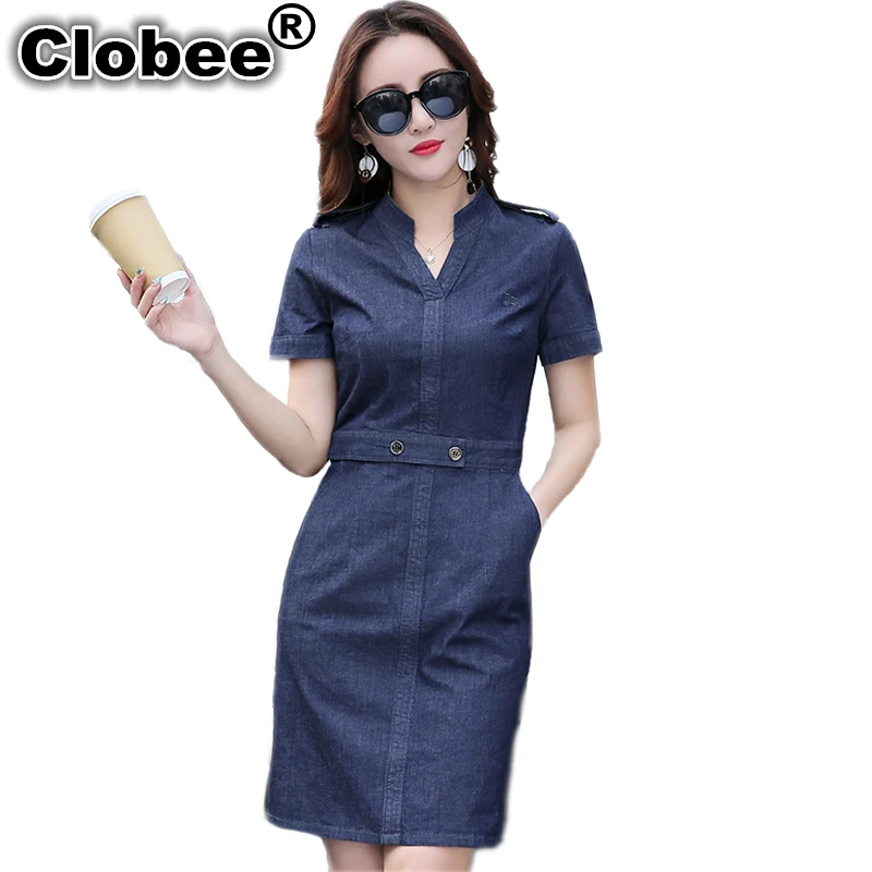 

Clobee 2018 Womens V Neck Elegant Office Dress Ladies Sexy Big Jeans Dress Tunic Mori Embroidery Summer Denim Dresses For Women
