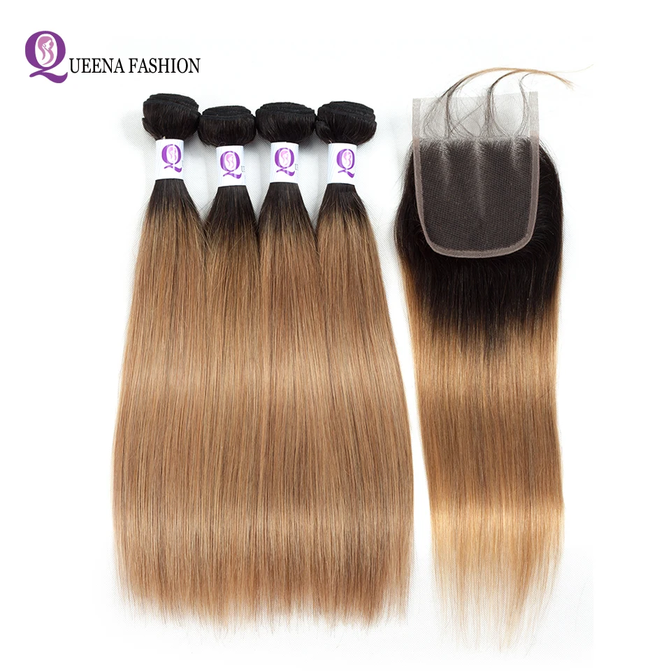 

Pre-colored Hair Weave 4 Bundles With Closure T1B/27 Two Tone Nonremy Brazilian Ombre Straight Human Hair Bundles With Closure