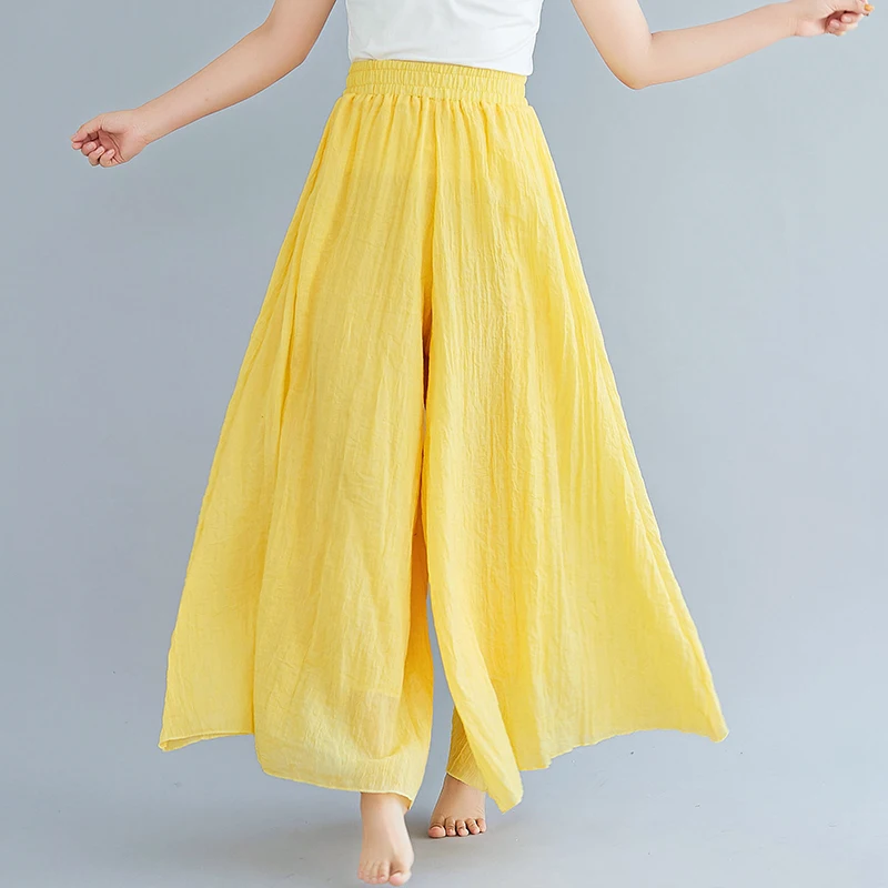 0605 хлопок, лен, широкие брюки для женщин, большой размер, эластичные, высокая талия, пляжные, полная длина, брюки для женщин, Ретро стиль, свободные, весна-лето - Цвет: Цвет: желтый