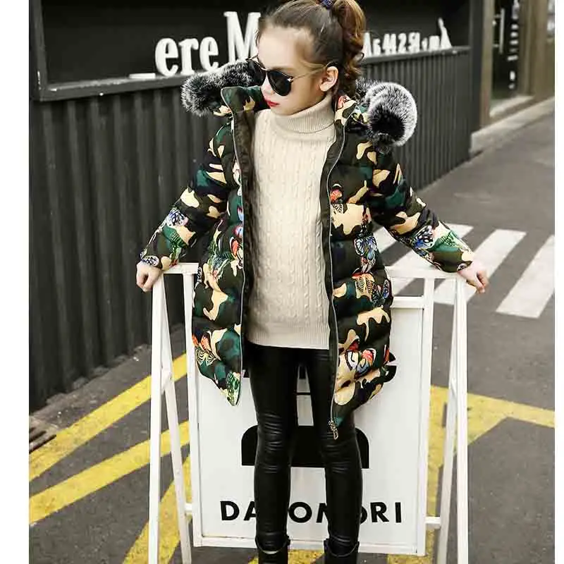 

BibiCola children girls snow jackets girls printed butterfly down cotton outerwear kids winter long cotton padded jacket