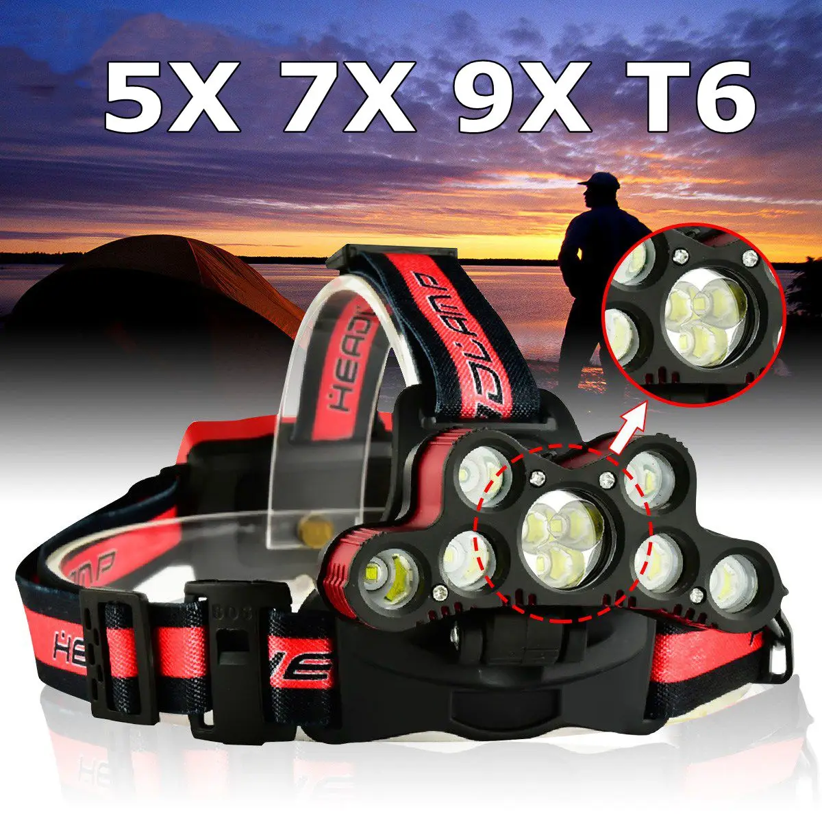 

9*t6 headlight 6 modes 120000LM LED Smuxi headlamp head light waterproof flashlight zoomable hand touch use 18650