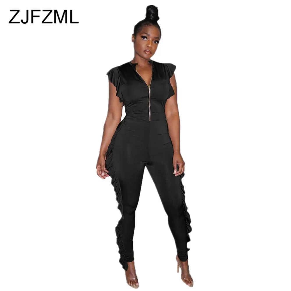 

Cascading Ruffles Sexy Jumpsuits For Women Front Zipper Butterfly Sleeve Bodycon Romper Summer Yellow Black Full Legnth Overall