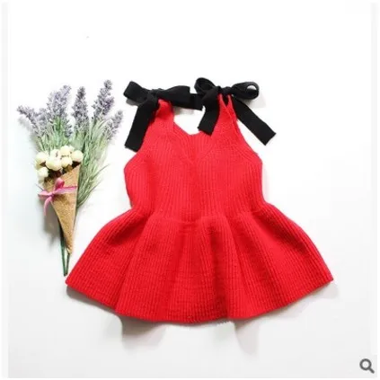 Осенне-зимнее платье-майка для маленьких девочек; вязаный свитер без рукавов; платья для девочек с милым бантом; vestidos; RT147 - Цвет: red