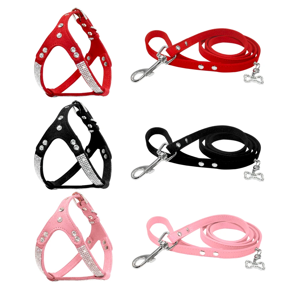 Pet Harness Leash Set Soft Suede Leather Dog Rhinestone Pendant For Small Medium Pets