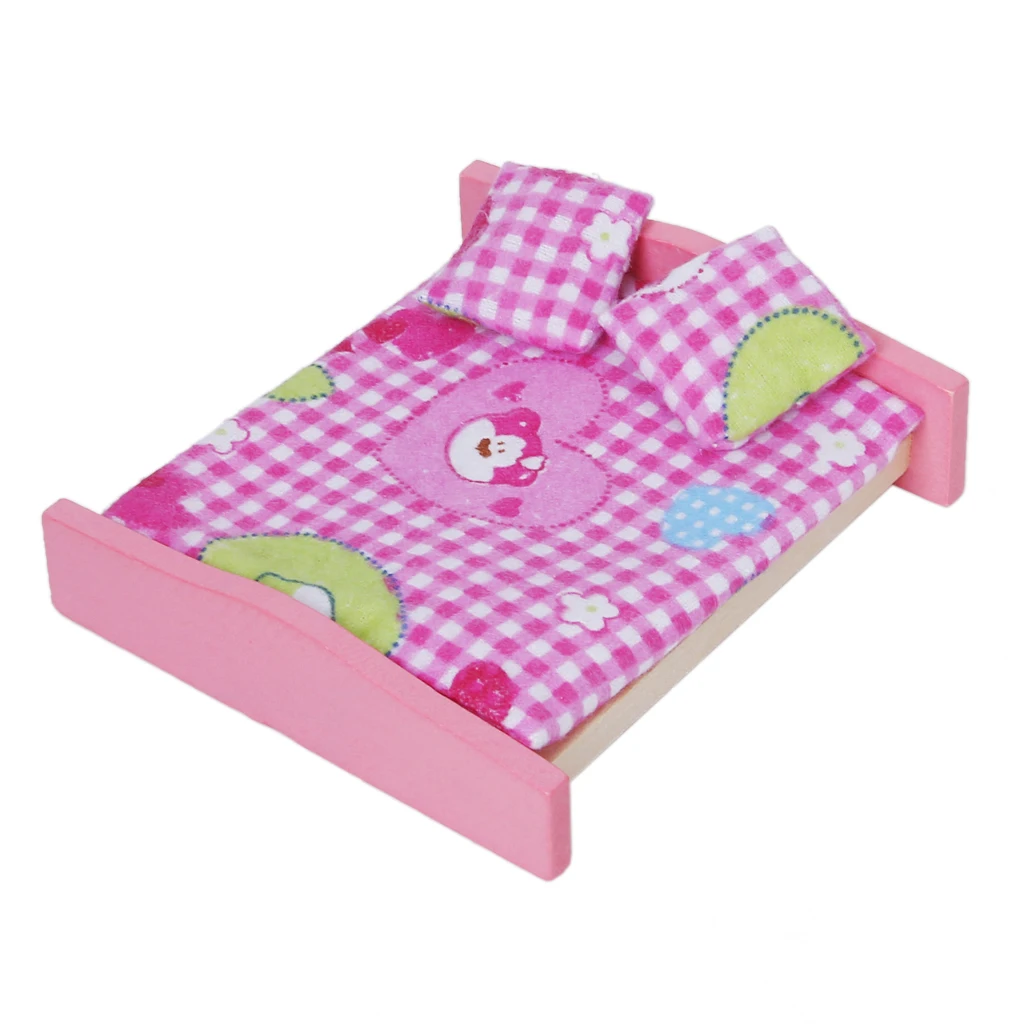 1:12 Wooden Dollhouse Wooden Furniture Bedroom Bed Pillow Wardrobe Bedside Set Pink House Decor Accessories Pretend Play Toys