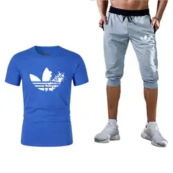 Мужские футболки с принтом + укороченные штаны, комплекты из двух предметов, повседневный спортивный костюм, мужская повседневная футболка