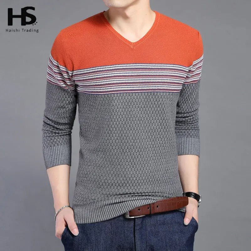 COODRONY Новое поступление хит цветной полосатый лоскутный пуловер Мужской с v-образным вырезом пуловер Повседневный вязаный хлопковый шерстяной свитер Топ 6646 - Цвет: Красный