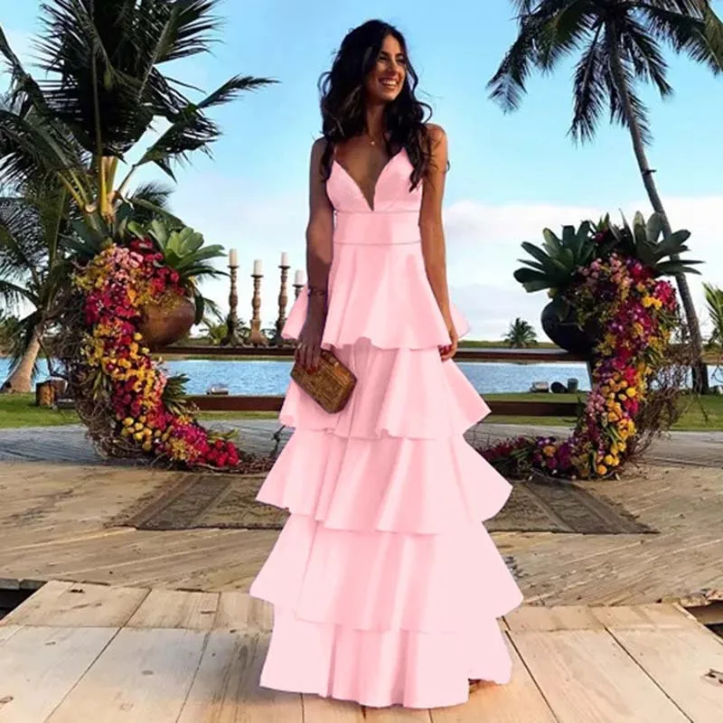 

Sexy Sleeveless Layered Solid Ruffles Hem Party Dress Women 2019 Summer Elegant V Neck Backless Maxi Dresses