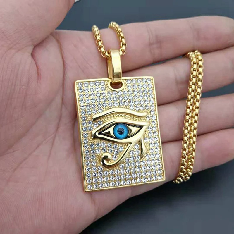 Hip Hop Rock Full Rhinestone Bling Ice Out Gold Color Stainless Steel Horus Eyes Square Pendant Necklace for Men Rapper Jewelry | Украшения