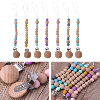 

Baby Wood Pacifier Chain Clips Dummy Clip Newborn Teether Silicone Toy