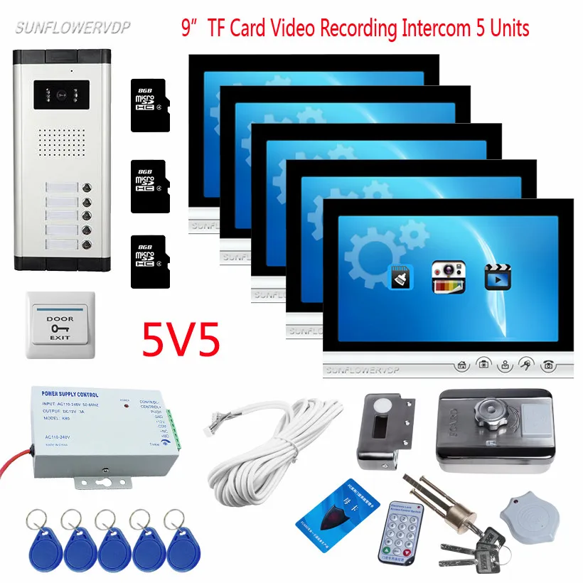 For 5 Villa Video Doorman House Cable Home Phone Door Intercom 9\ Color Video Recording 8GB TF Card Doorbell With Rfid Door Lock