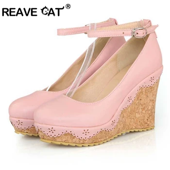 

REAVE CAT Shoes woman Wedges pumps Ladies spring summer shoes Fashion Platform Buckle Ruffles Blue White Pink Female mujer Cute