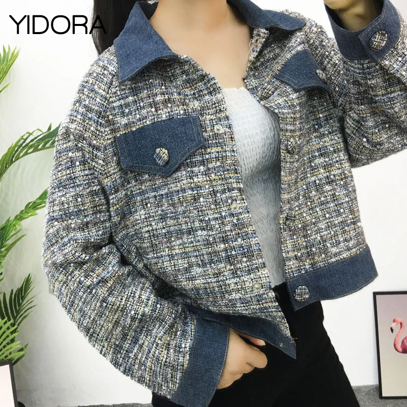 Женские длинные рукава с отворотами однобортный контрастный лоскутный деним и из ткани твидовый жакет особенности Аппликация из бисера украшен