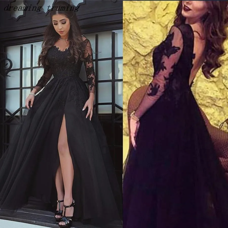 Arabic Long Sleeve Black Evening Dresses Formal Dress Women Elegant