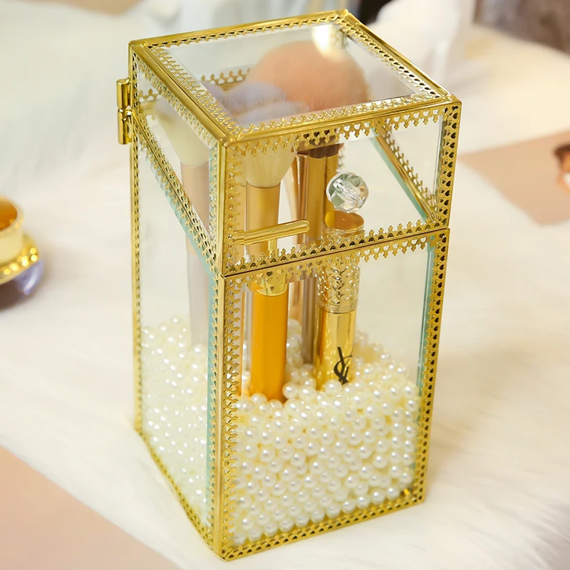 High Quality Gold Glass Makeup Tools Pen Brushes Box With Pearls Square Makeup Tools Storage Case Can Put Makeup Pen Brushes