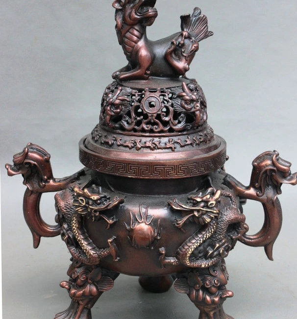 

12 China Bronze Wealth Dragon Bead Beast Lion Head Statue Incense Burner Censer