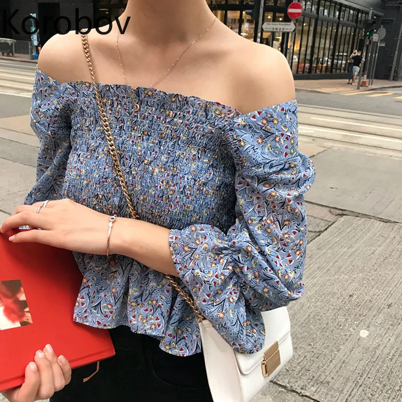 

Korobov Flower Print Women Chiffon Blouses Korean Slash Neck Butterfly Sleeve Short Slim Female Shirts New Blusas Feminina 77788
