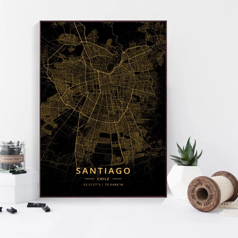 

Santiago Chile City Map Gold Map Canvas Art Print Wall Pictures for Living Room No Frame