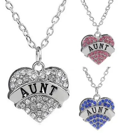 

10PCS/lot Clear Pink Blue Rhinestones Engraved Aunt Pendant Necklace Fashion Jewelrys For Women Holiday Gifts