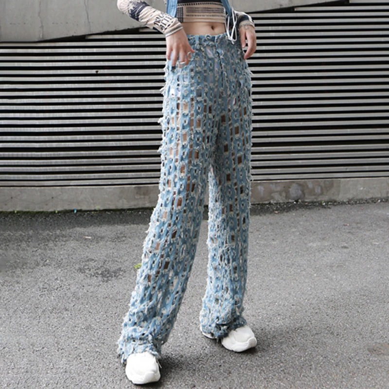 TWOTWINSTYLE уличная широкие брюки для женщин с высокой талией рваные джинсовые брюки с дырками женская модная одежда лето
