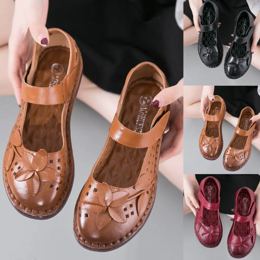 2019 Women's large size sneakers casual comfort soft leather flower hook ring shoes flat non-slip sneakers sport for ladies 40J5 (1)