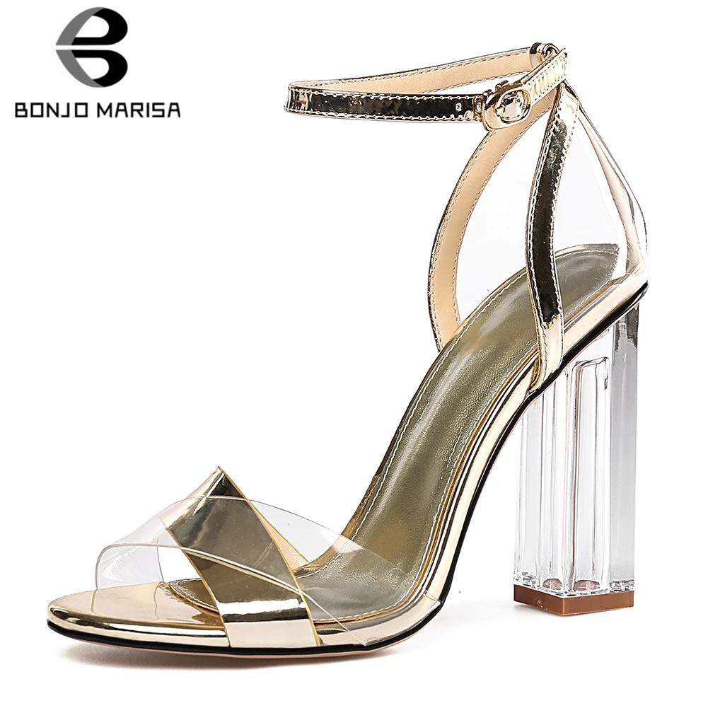

BONJOMARISA New Fashion 2019 Dropship Bling Luxury Sandals Woman Shoes Chunky Heels Peep Toe Buckle Shoes Woman Sandals