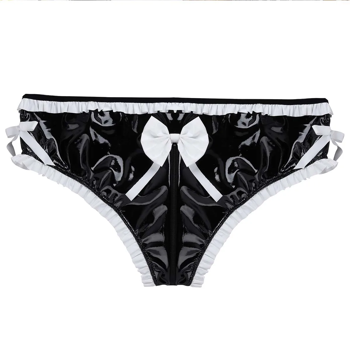 US Mens Maid Leather Panties Zipper Crotch Bowknot Sissy Bikini Briefs Underwear
