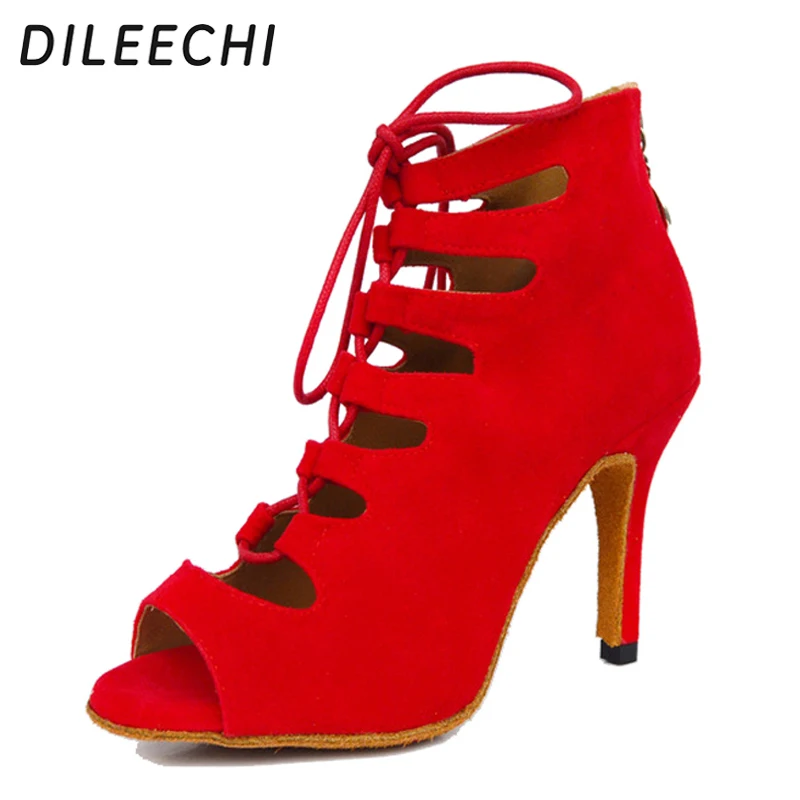 DILEECHI new arrival red blue black velvet heels Latin dance shoes women's Wedding party Salsa dancing shoes soft outsole 8.5cm