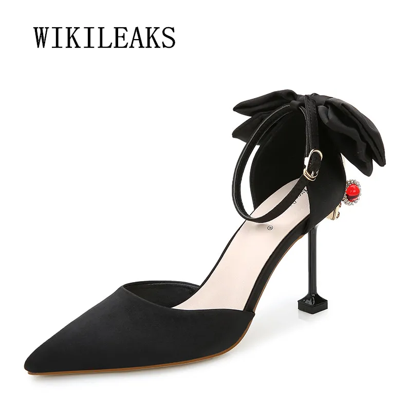 Женская обувь со стразами и бантиком-бабочкой; свадебные туфли на высоком каблуке с острым носком; женские туфли-лодочки; женская обувь; escarpins Femme;