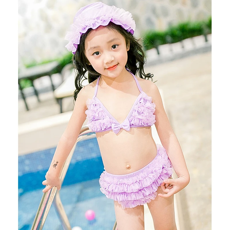 Lovely Girl Children Beachwear Swimsuit Solid Ruffled Summer Two Pieces Swimwear Child Girls Bathing Bikini Set With Swim Cap |