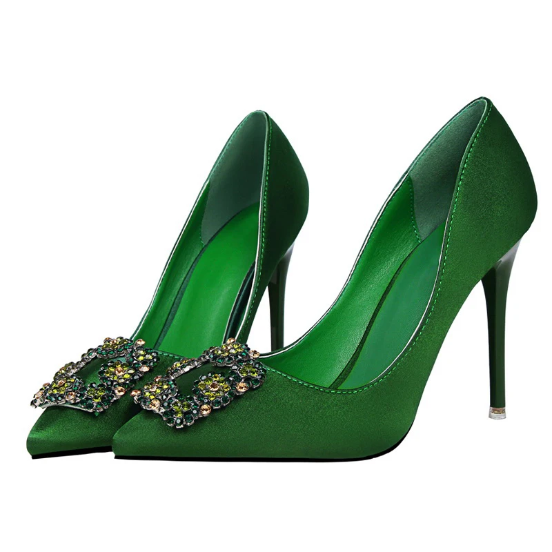

2019 Women 10cm High Heels Lady Sexy Glitter Scarpins Satin Crystal Buckle Pumps Female Stiletto Wedding Bridal Silk Green Shoes